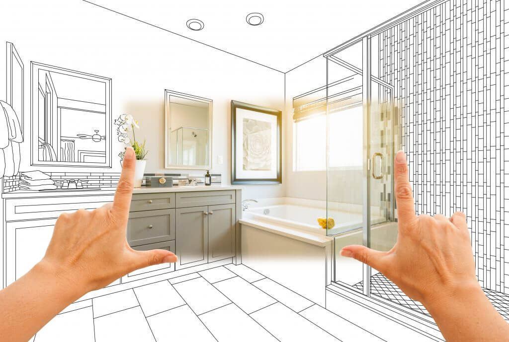 Master bathroom photo section with drawing behind | Flooring By Design